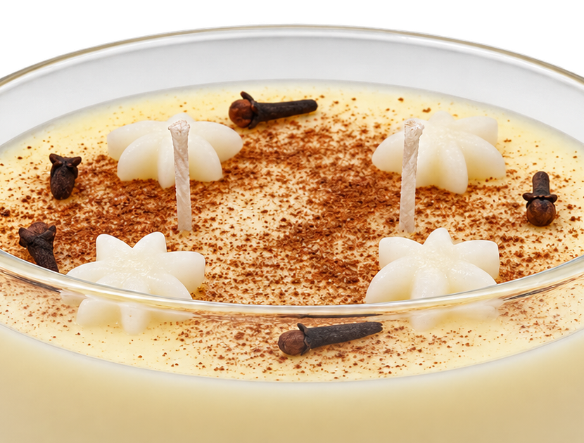 Close-up of the Majarete candle, showing cream-colored flower shapes, brown speckles and wicks.