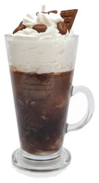 Vela aromática Mocaccino con crema de 12 oz en vaso alto de vidrio, fondo transparente.