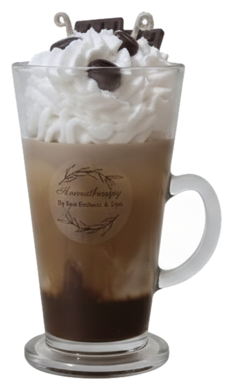 Vela aromática Mocaccino con crema de 12 oz con topping decorativo, fondo transparente.
