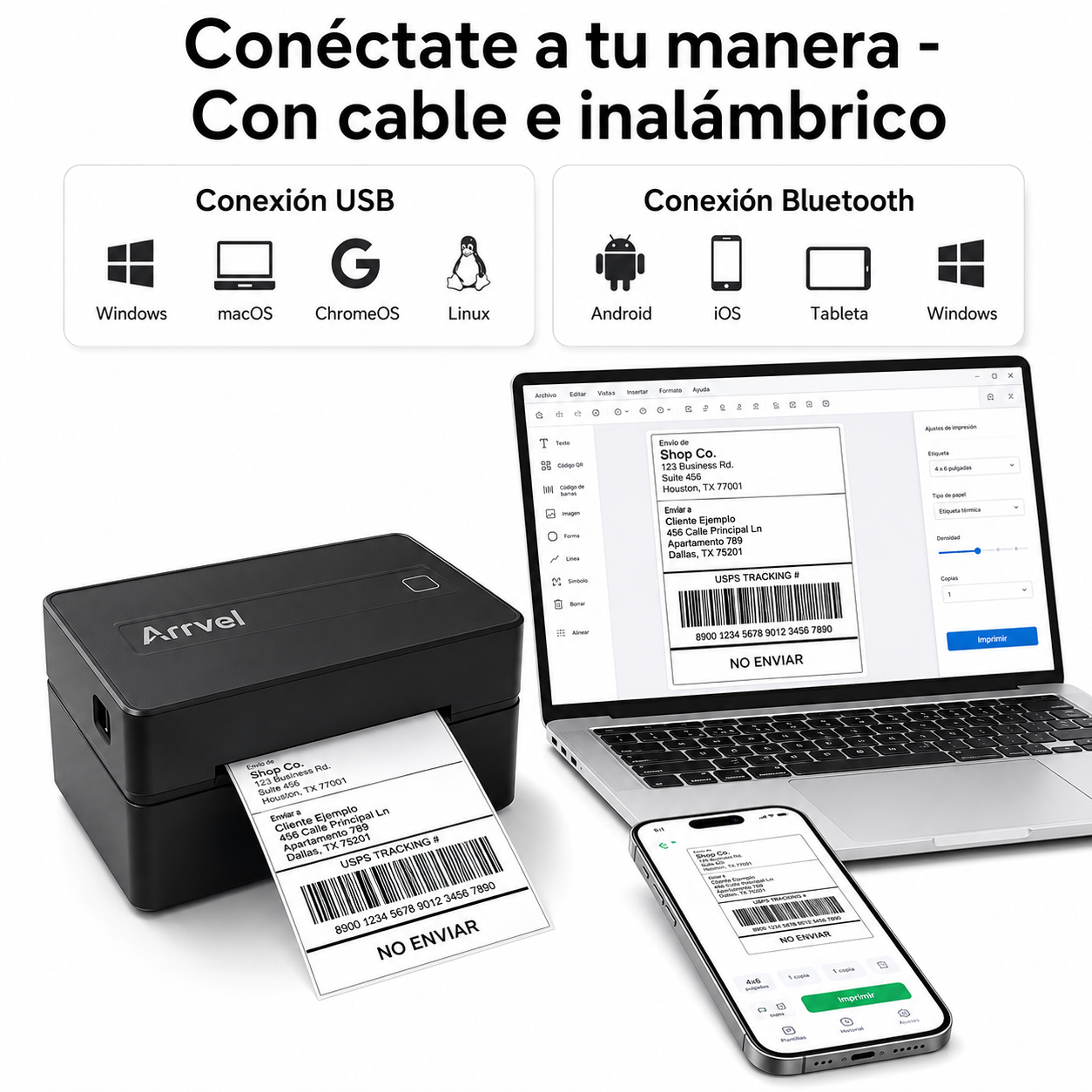 Impresora De Etiquetas Térmica Portátil Arrvel A812B 4x6 Bluetooth Y USB
